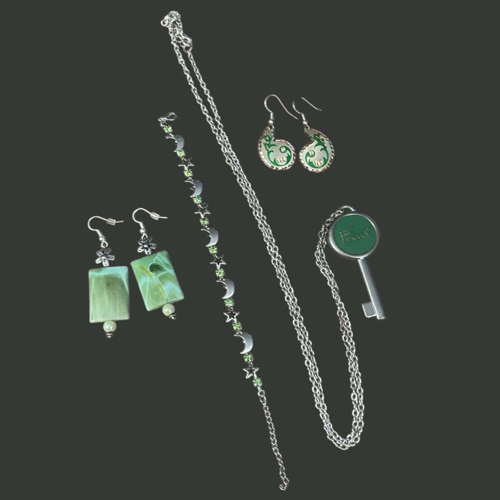 Green Bundle, with Fossil Key and Turkish Copper Engraved Earrings.